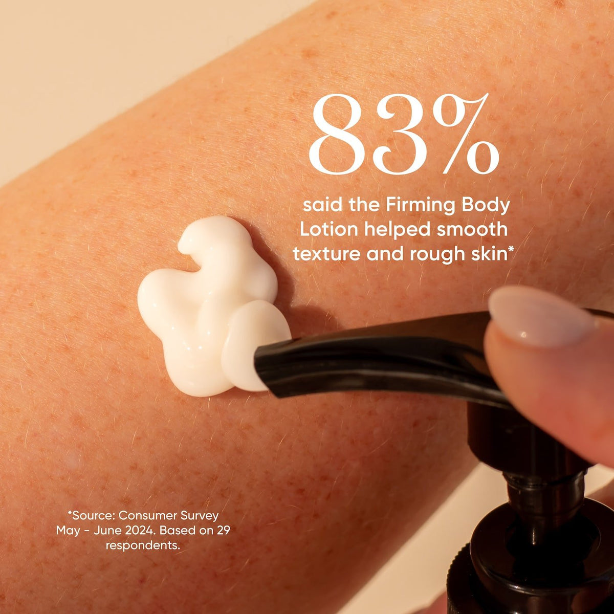 ManukaRx Firming Body Lotion product pumped onto skin with consumer survey trial data