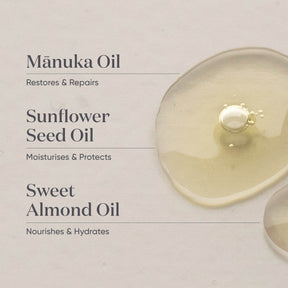 ManukaRx Manuka Face Oil Blend ingredients listed next to image of product swatch